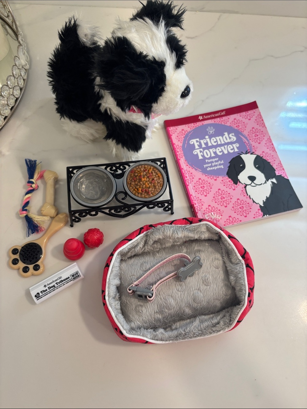 American Girl Plush Puppy Toy Set with Pink Bed and Accessories